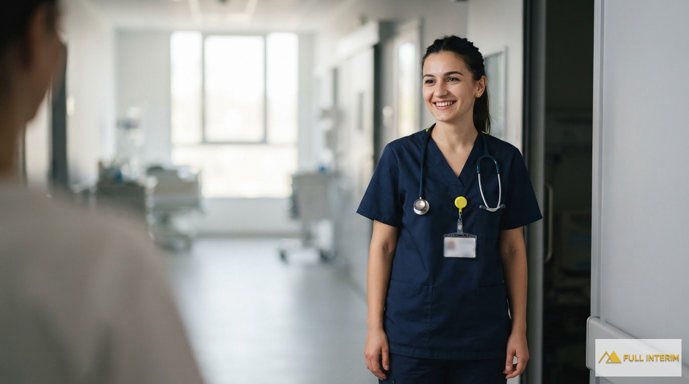Une infirmière roumaine souriante dans le couloir d'un hôpital français.