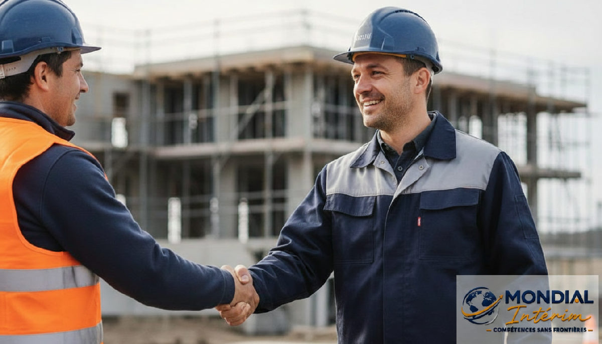 Chef de chantier français et ouvrier roumain se serrent la main.