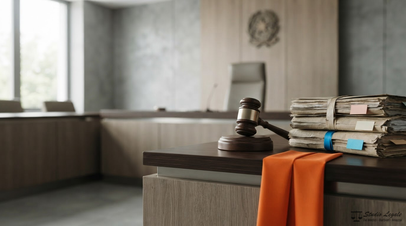 Martelletto del giudice e faldoni legali in un'aula di tribunale moderna.