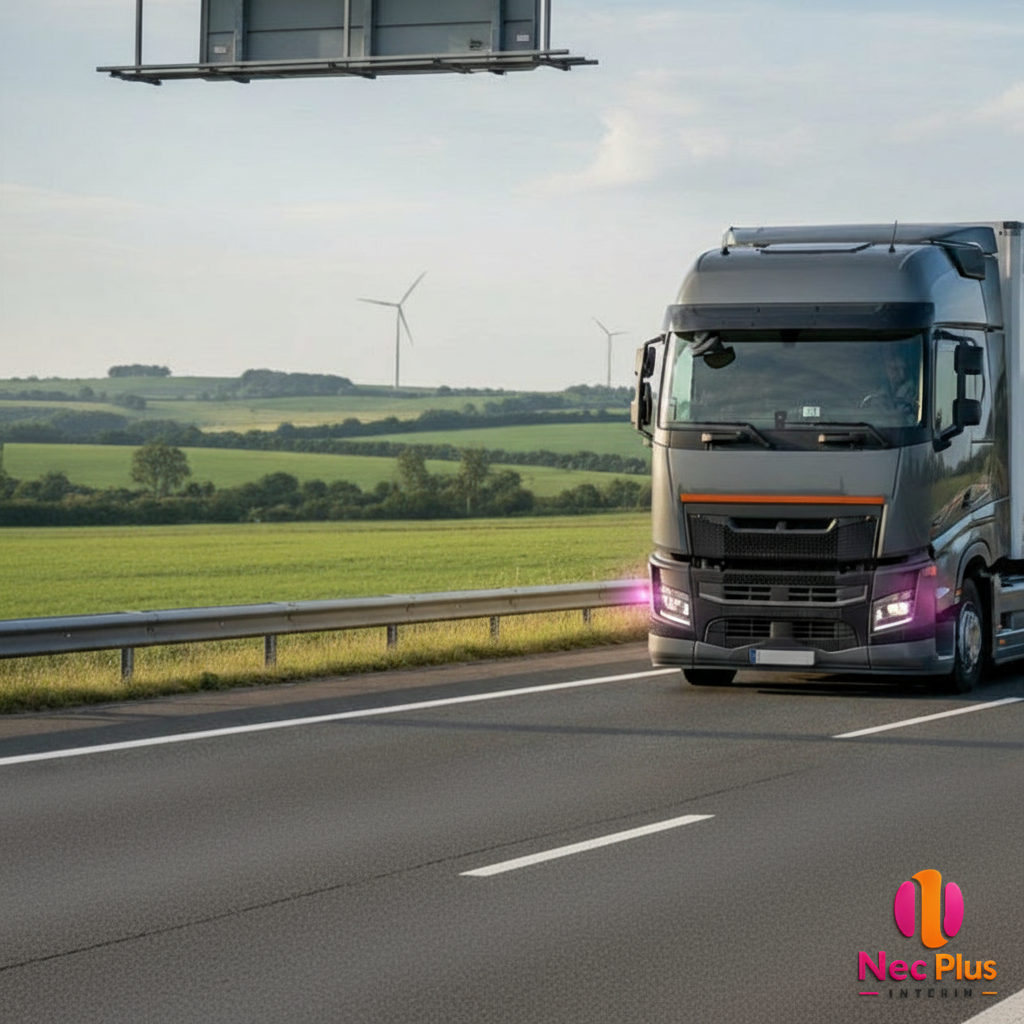 Camion sur autoroute française, flux logistique et temps de conduite.