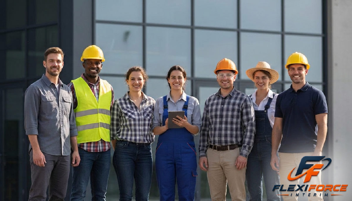 Travailleurs qualifiés diversifiés devant un bâtiment industriel.