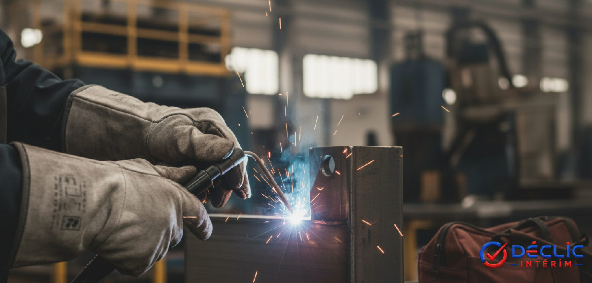 Mains d'un soudeur roumain travaillant dans une usine.