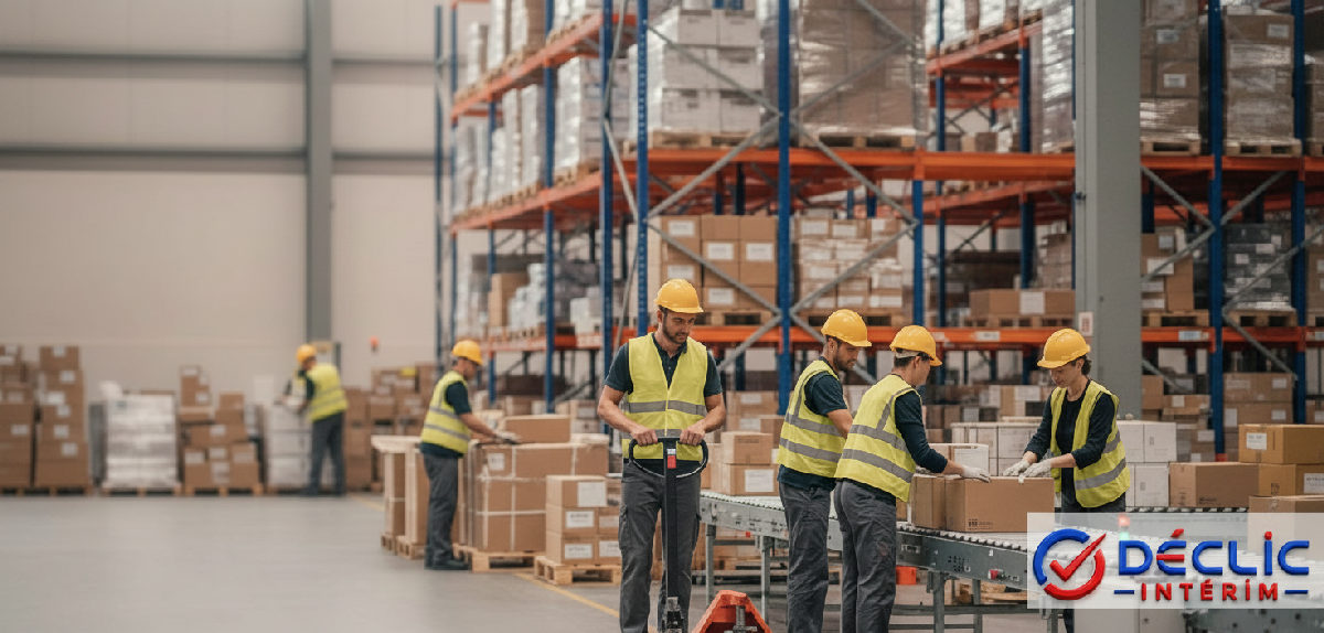 Travailleurs organisent les flux de marchandises dans un entrepôt.