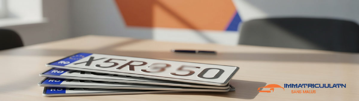 Gros plan sur des plaques d'immatriculation roumaines neuves.