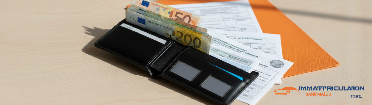 Portefeuille avec euros et documents de voiture.