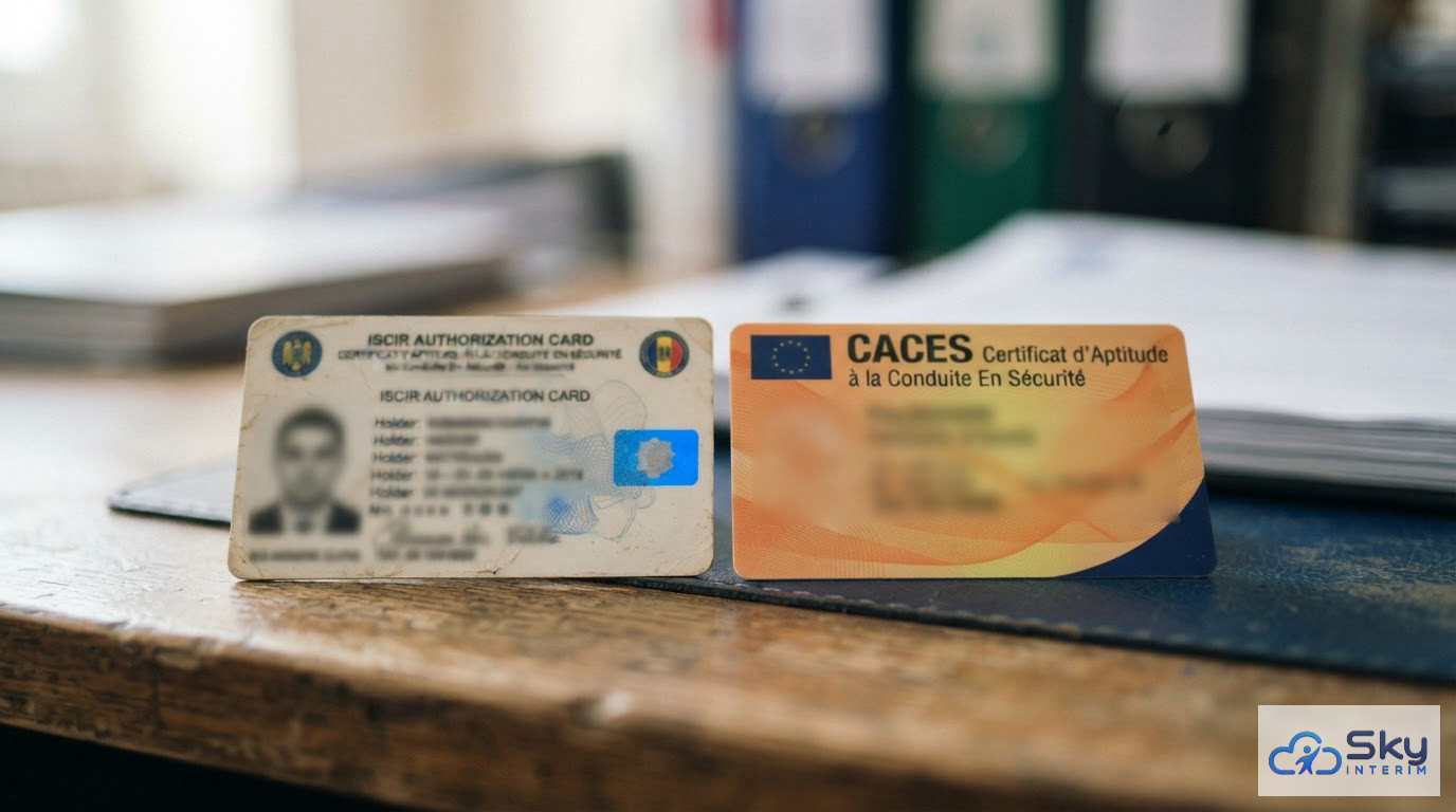 Un certificat roumain ISCIR à côté d'une carte CACES française.