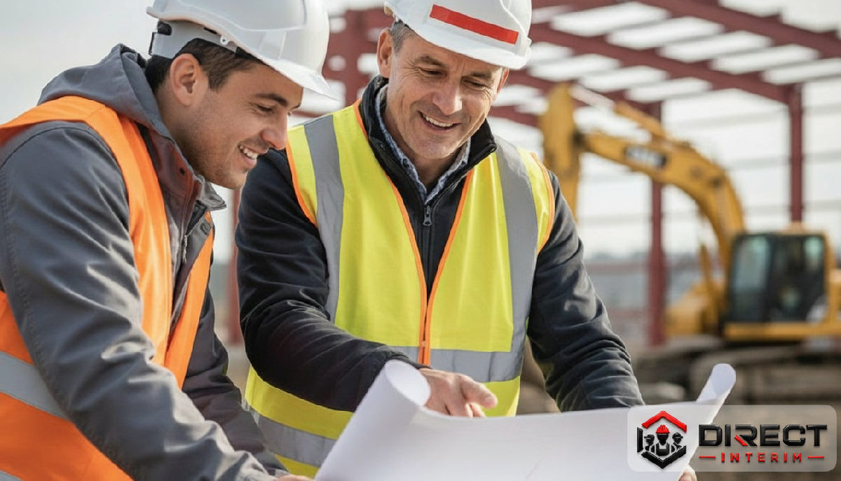 Chef de chantier français expliquant les plans à un intérimaire roumain.
