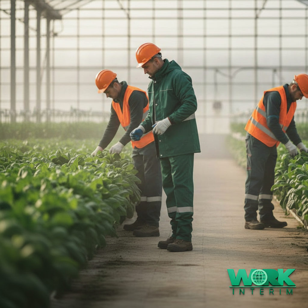 Travailleurs en combinaison dans une serre high-tech.