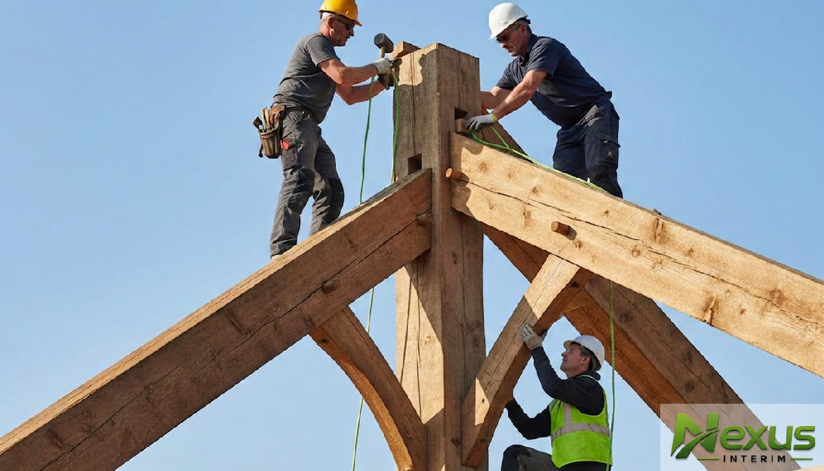 Équipe de charpentiers assemblant une charpente en bois massif.