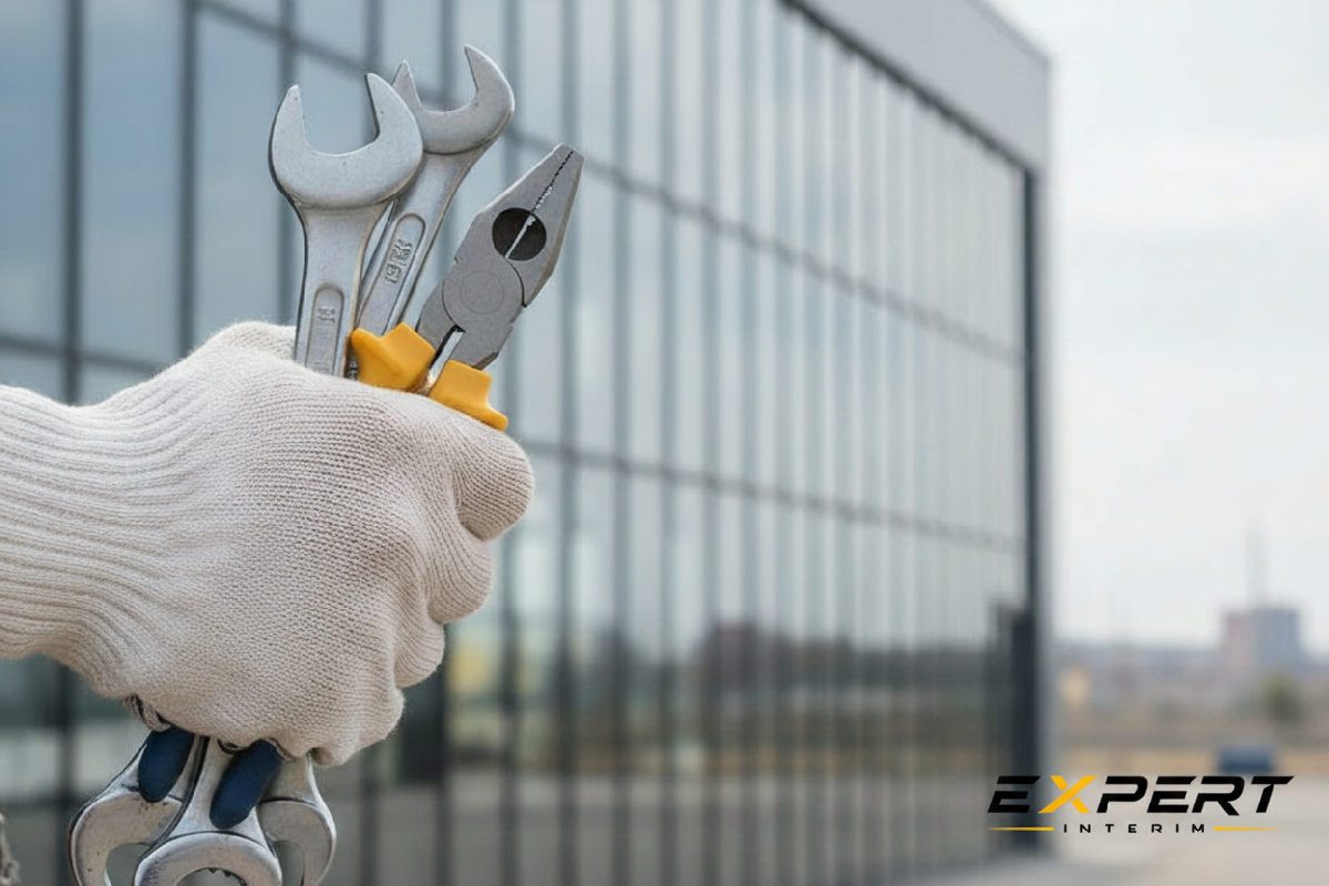 Main tenant des outils devant une usine, symbolisant la force pour la rentrée.