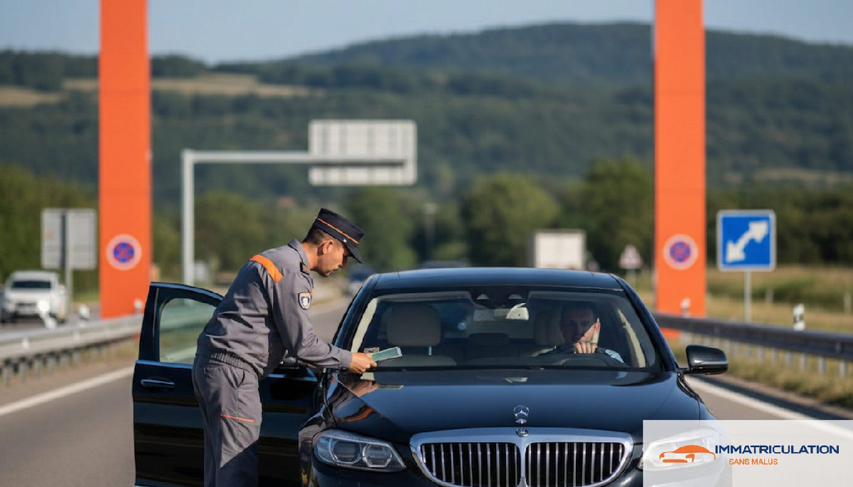 contrôles douaniers véhicules roumains - Contrôle douanier d'un véhicule de luxe immatriculé en Roumanie sur une autoroute.