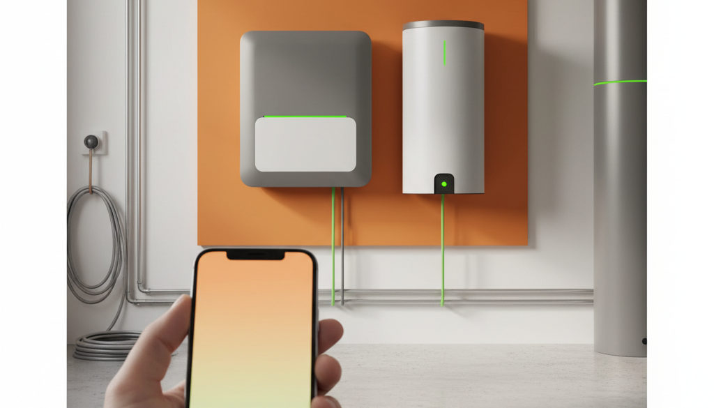 Střídač, baterie a aplikace telefonu ukazující energetické zisky.