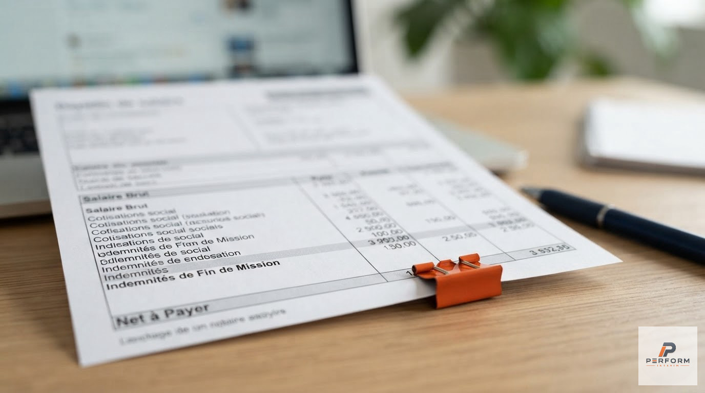 Gros plan sur un bulletin de salaire incluant l'indemnité de fin de mission.