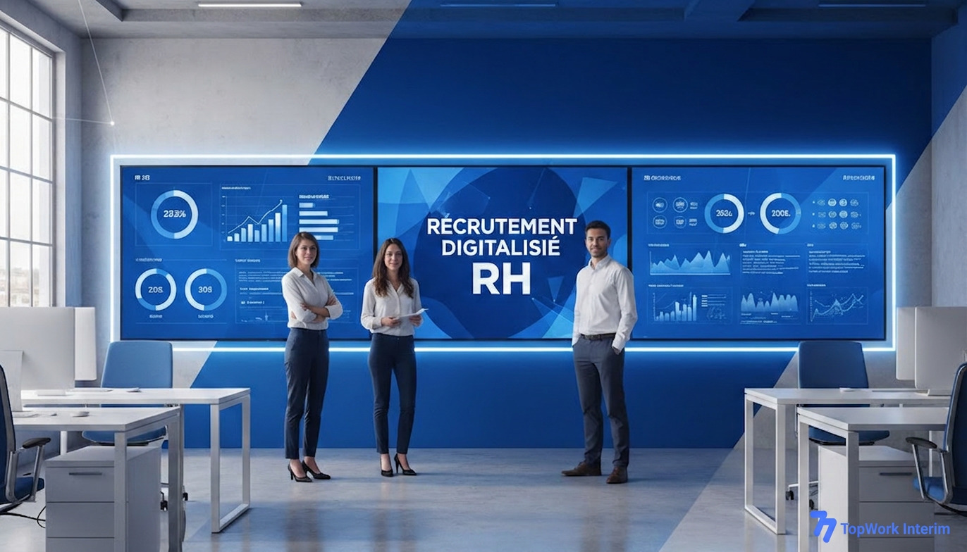 Managers RH discutant des résultats de recrutement numérique sur de grands écrans.