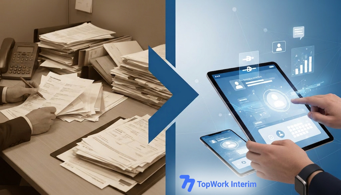 Contraste entre recrutement papier traditionnel et outils numériques rapides.