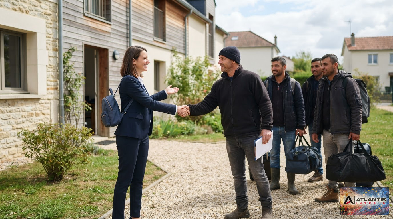 Un responsable RH accueillant une équipe roumaine devant leur logement temporaire.