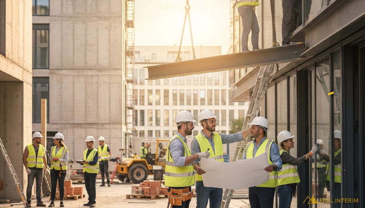 Équipe de construction France-Roumanie sur un chantier moderne.