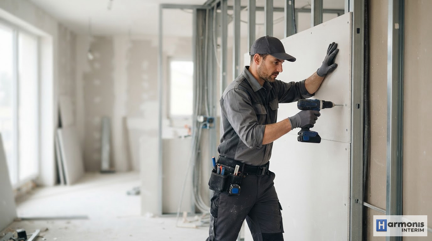 coût horaire plaquiste roumain intérim - Un plaquiste professionnel installant des plaques de plâtre sur un chantier moderne.