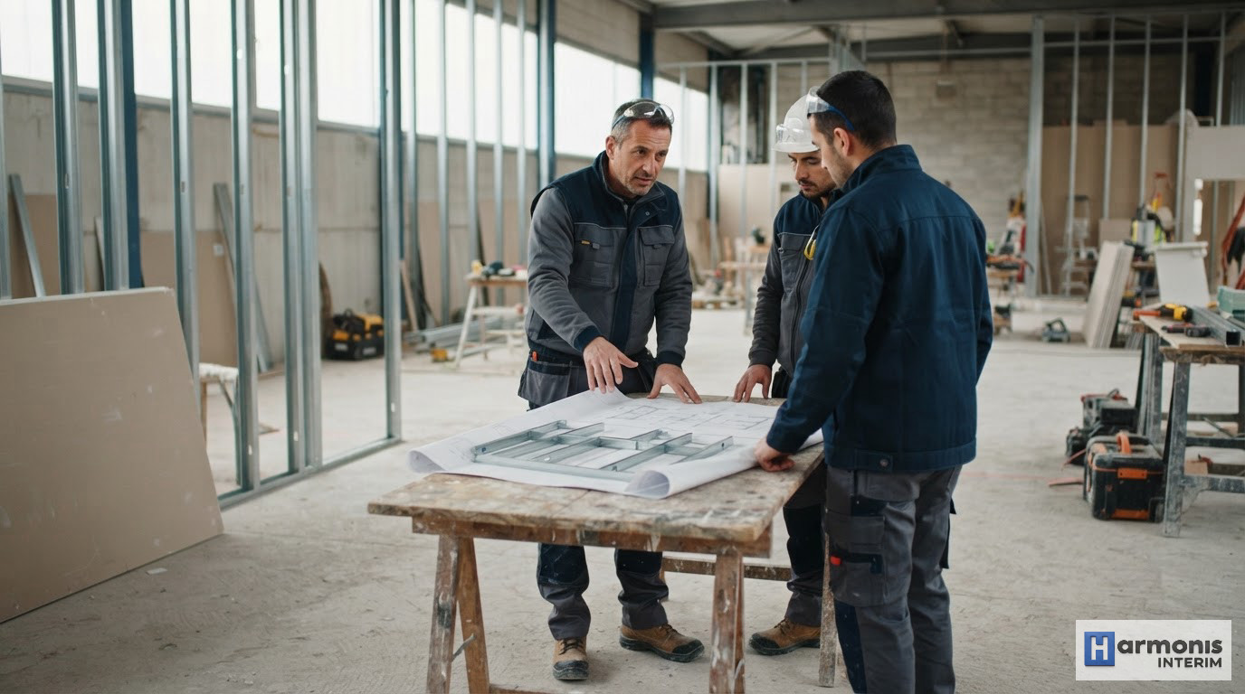 Ouvriers du bâtiment discutant autour d'un plan sur un site en France.