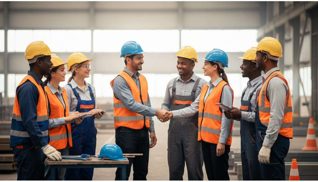 intégration travailleurs détachés guide entreprise - Équipe diversifiée serrant la main, symbole d'intégration réussie.
