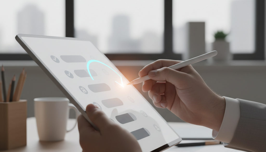 Vérification d'une liste de contrôle sur tablette, plan d'action entreprise.