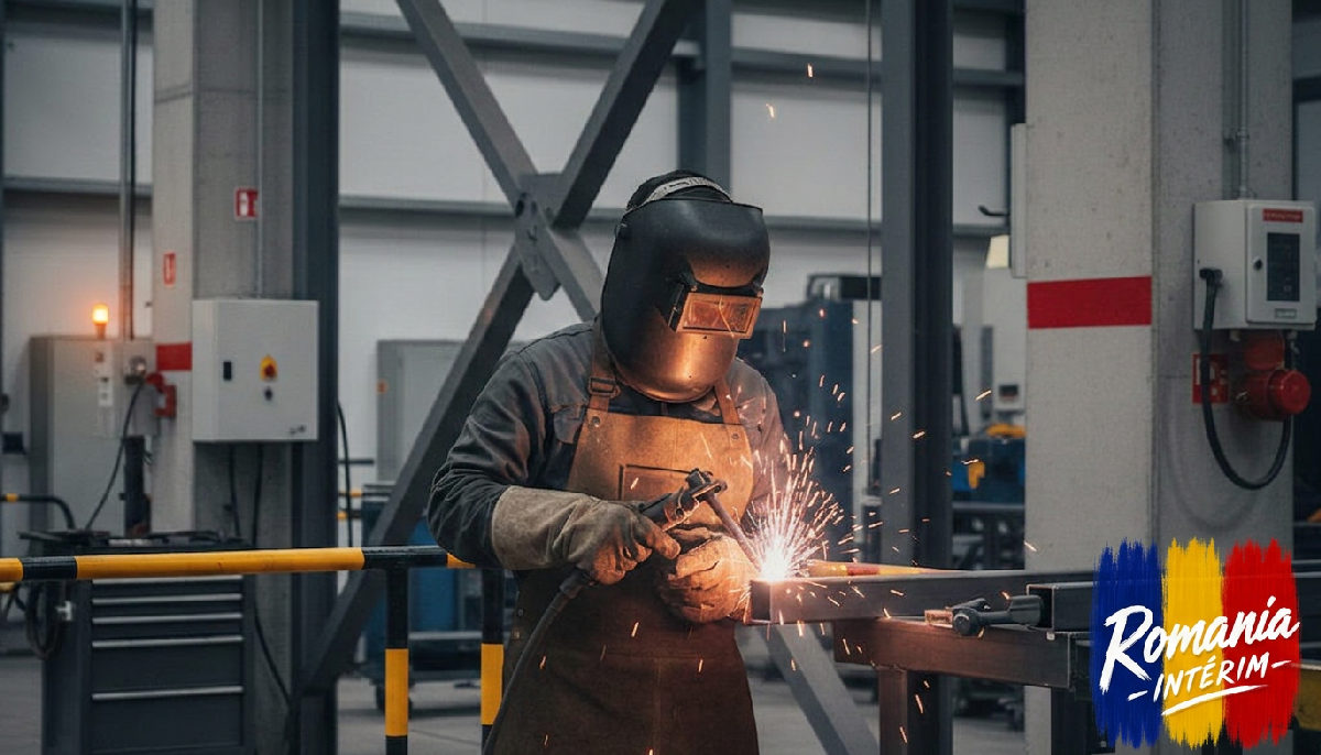 Soudeur roumain qualifié dans une usine, précision technique.