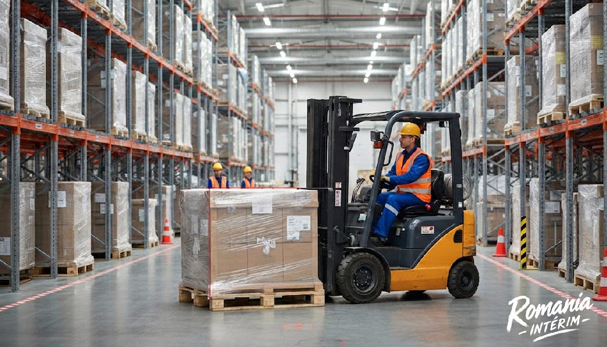 Chauffeur de chariot élévateur dans un entrepôt logistique roumain.