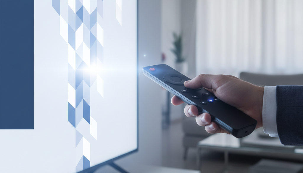 Hand navigiert mit Fernbedienung durch internationale Kanäle auf Android TV.