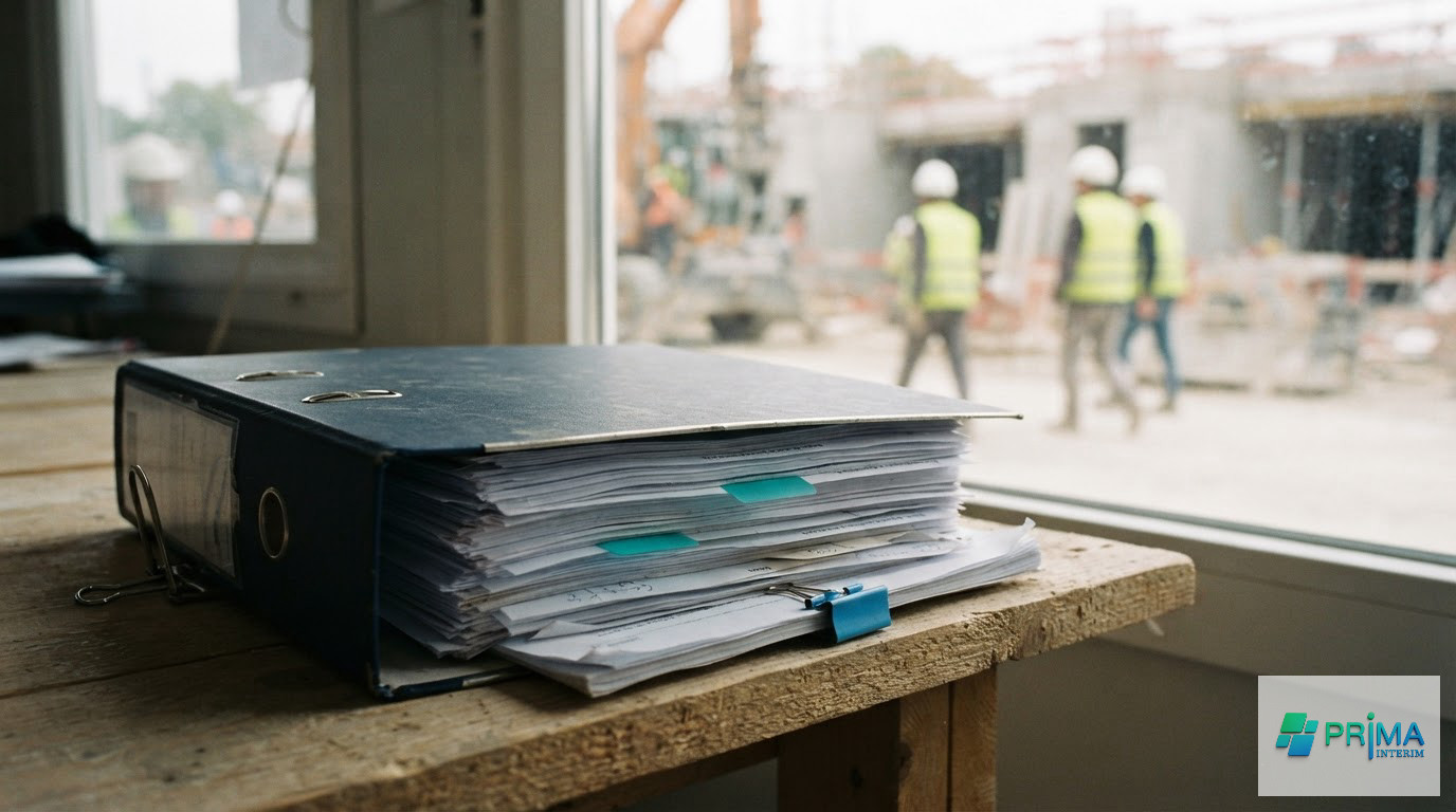 Un classeur de documents légaux pour travailleurs intérimaires étrangers sur un chantier.