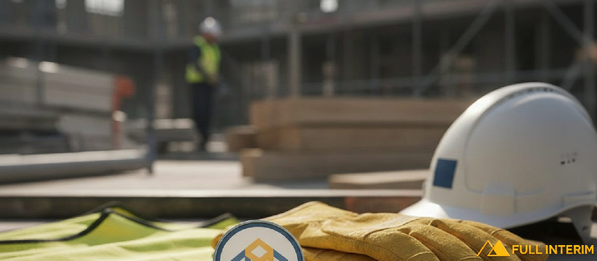 Détail d'un badge de certification et équipement de sécurité.