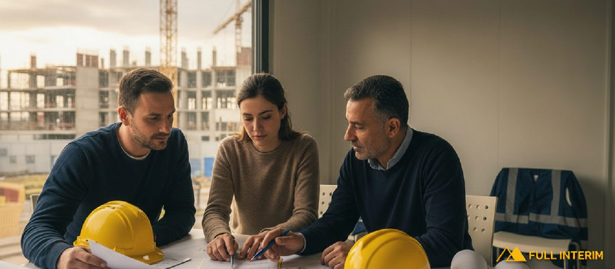 Équipe de professionnels examinant des plans et certificats sur un chantier.