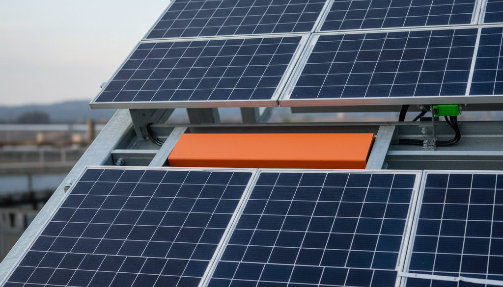 Detailní pohled na moderní solární panely pro komerční využití.