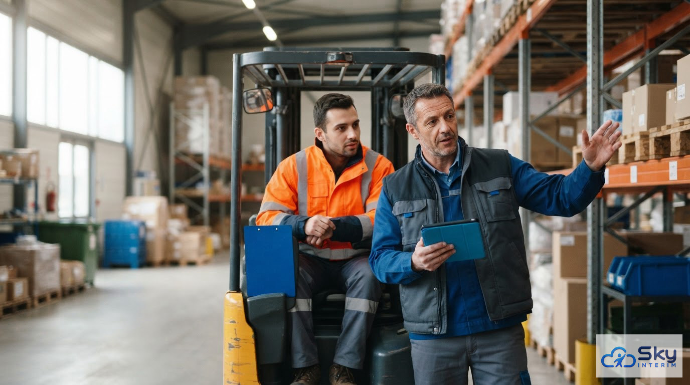Un gestionnaire et un cariste échangent devant un terminal logistique.