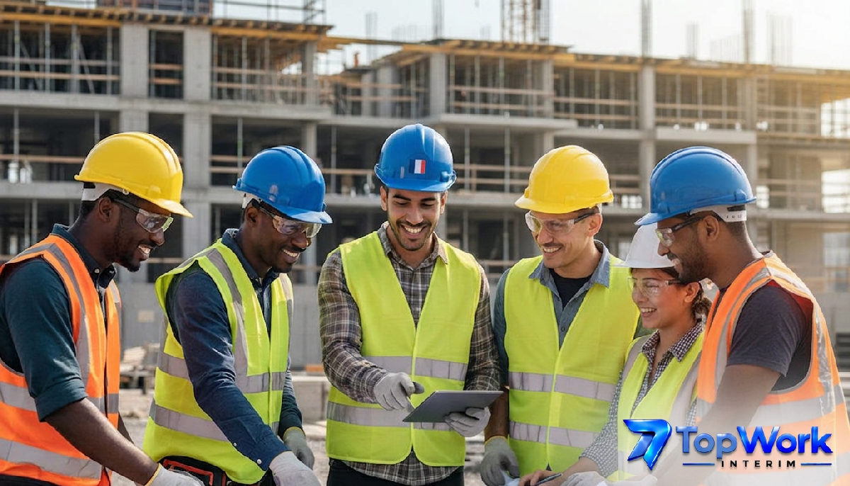 Équipe de chantier diversifiée collaborant en toute sécurité.