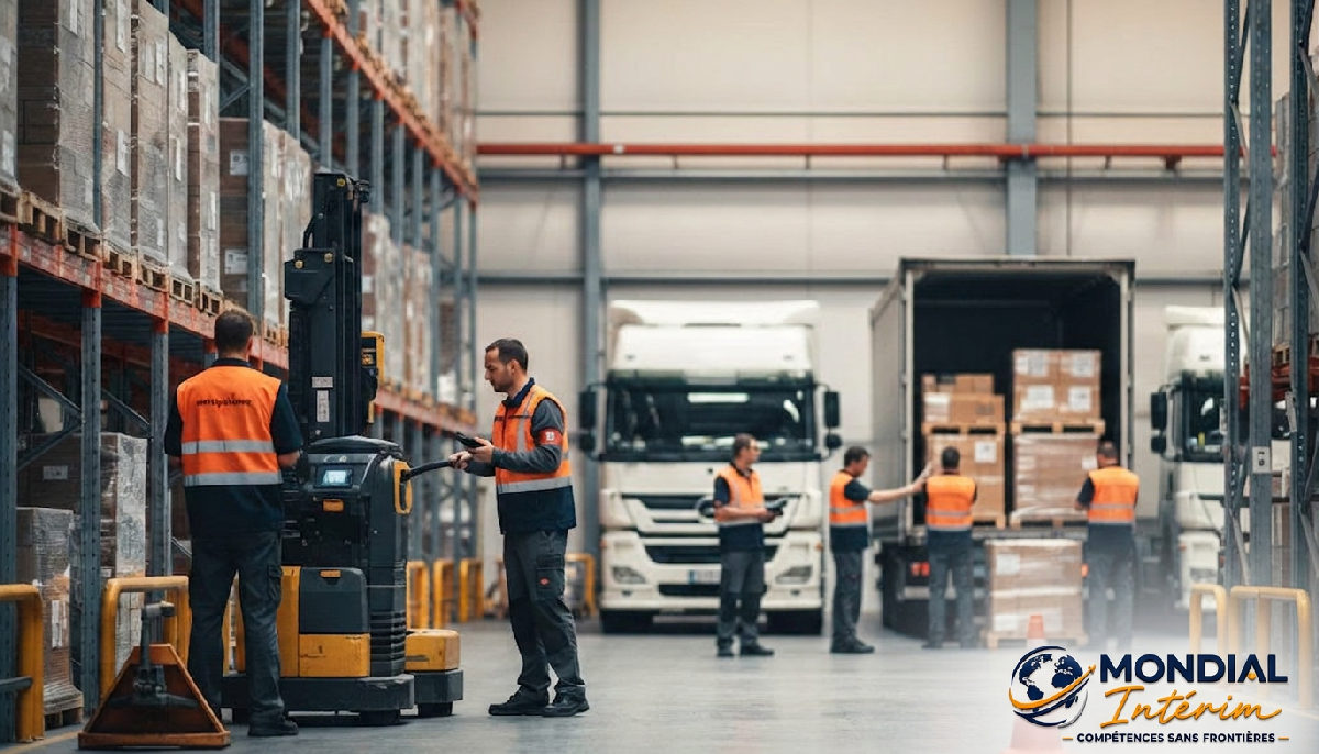 gestion travailleurs détachés logistique transport - Entrepôt logistique animé : préparateurs et chauffeurs en action.