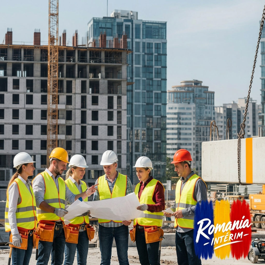 Équipe de construction mixte sur un chantier urbain intégrant la main-d'œuvre roumaine.