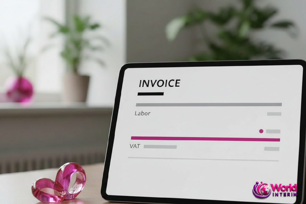 Facture numérique sur tablette, affichant clairement la main-d'œuvre et la TVA.