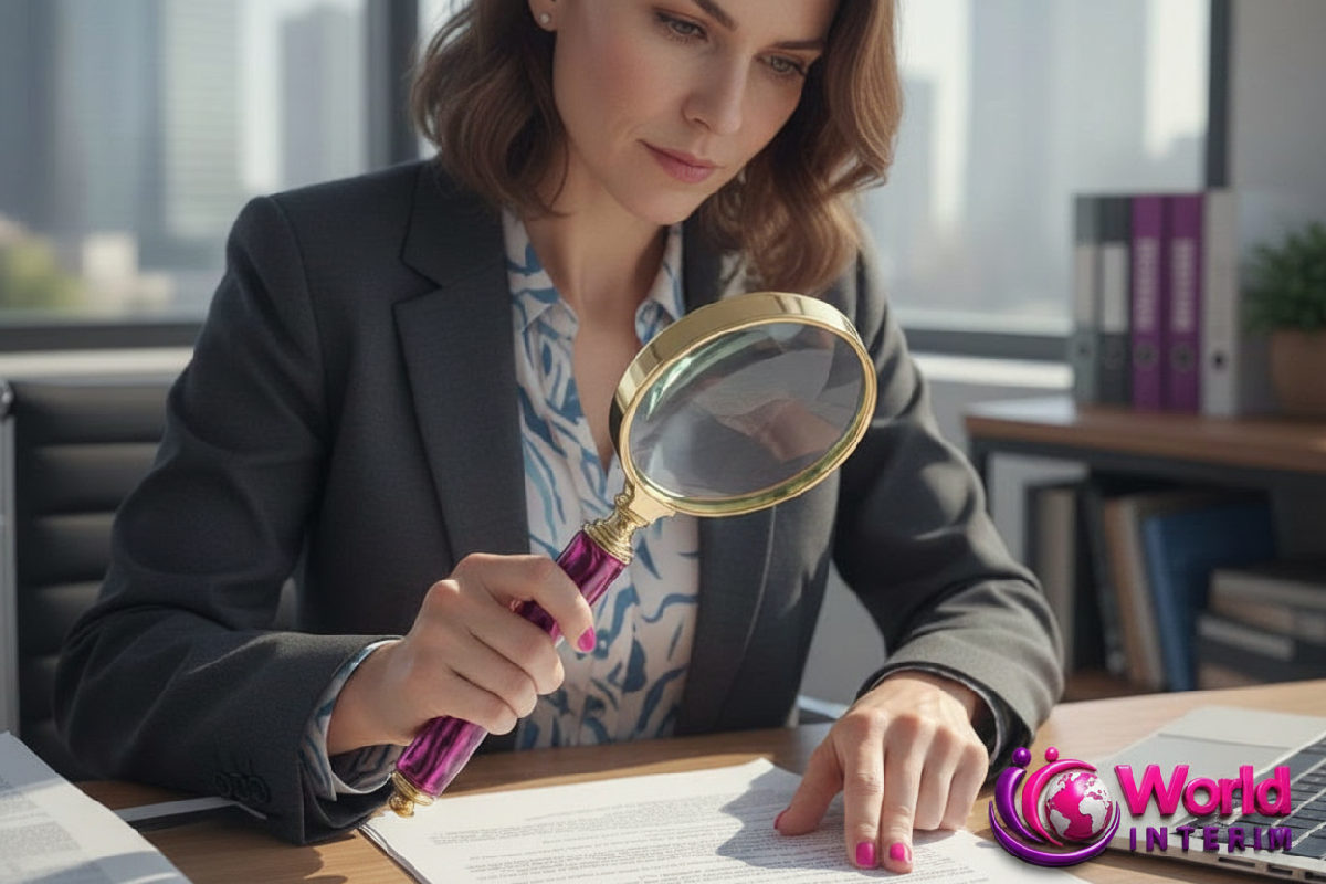 Expert juridique examinant des documents, soulignant la conformité.