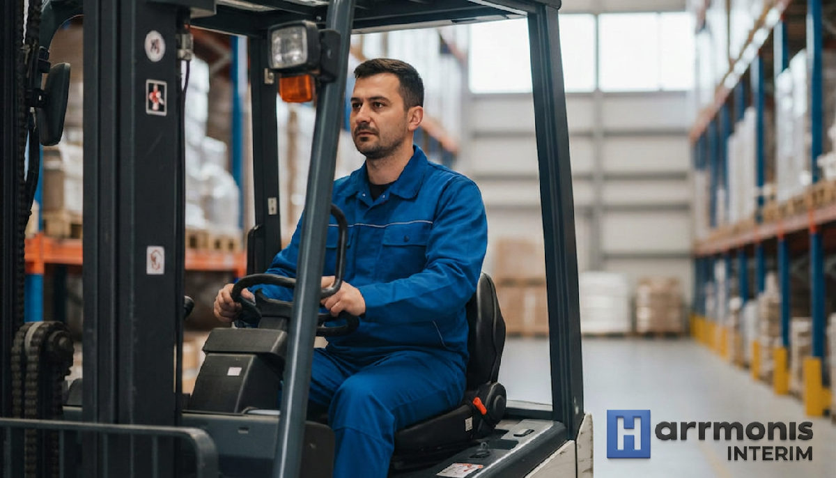 Entrepôt logistique avec des chariots élévateurs en action.