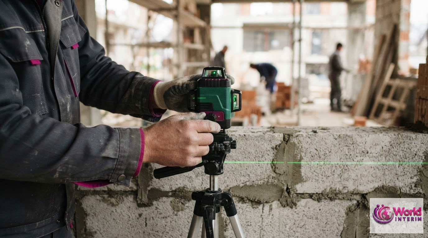 Gros plan sur les mains d'un maçon utilisant un niveau laser précis.