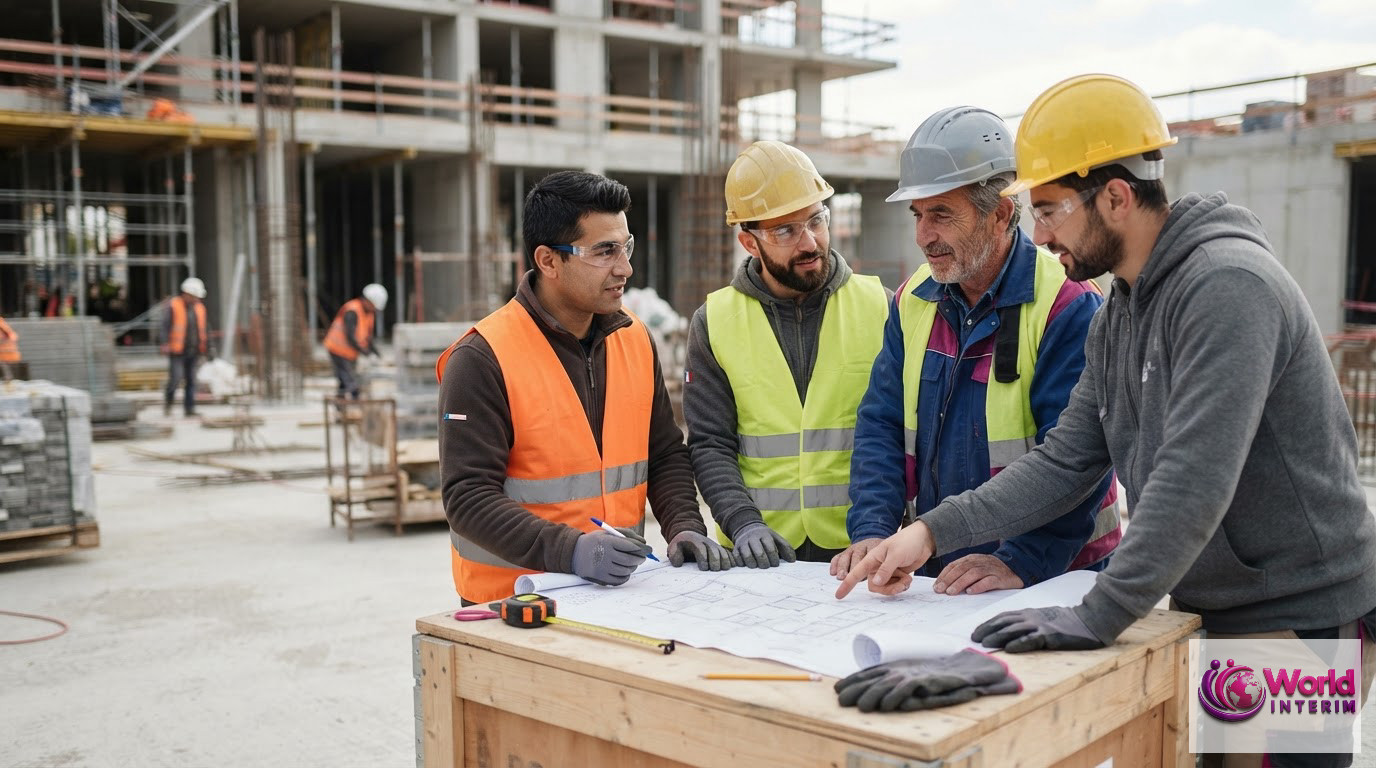 Ouvriers français et roumains collaborant autour d'un plan sur un chantier.