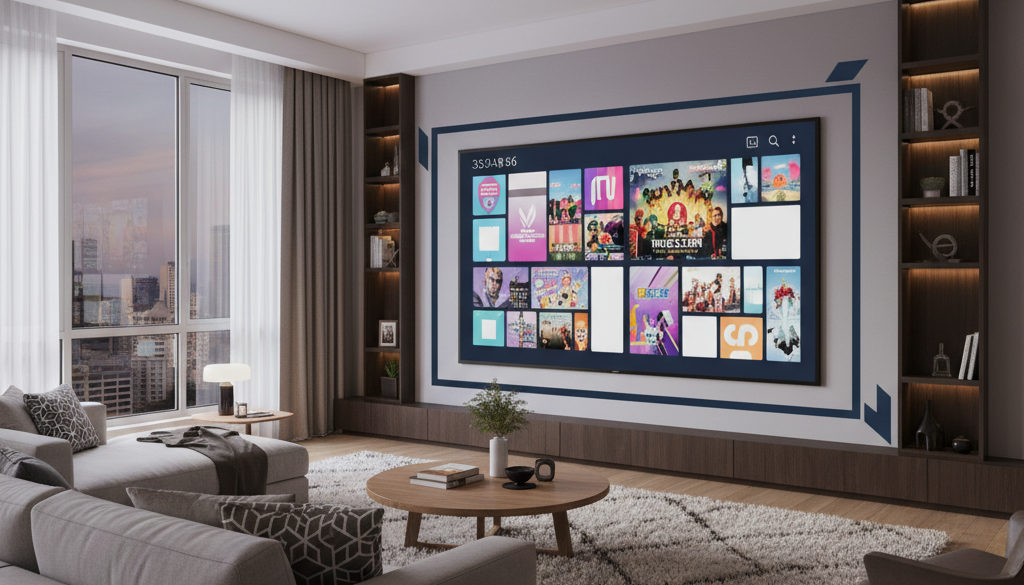 beste IPTV Anbieter Deutschland – Modernes Wohnzimmer mit Smart TV und IPTV-Kanalübersicht.