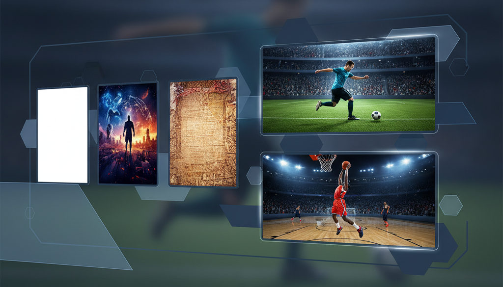 Collage aus Filmplakaten und Sportbildschirmen in 4K/8K.