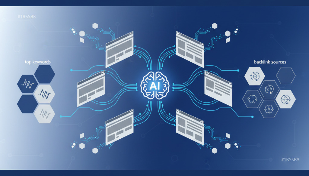 Infographic of AI analyzing competitor websites for SEO data like keywords and backlinks.