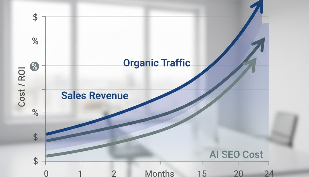 Chart showing AI SEO's positive ROI with increasing traffic, sales, and stable costs.