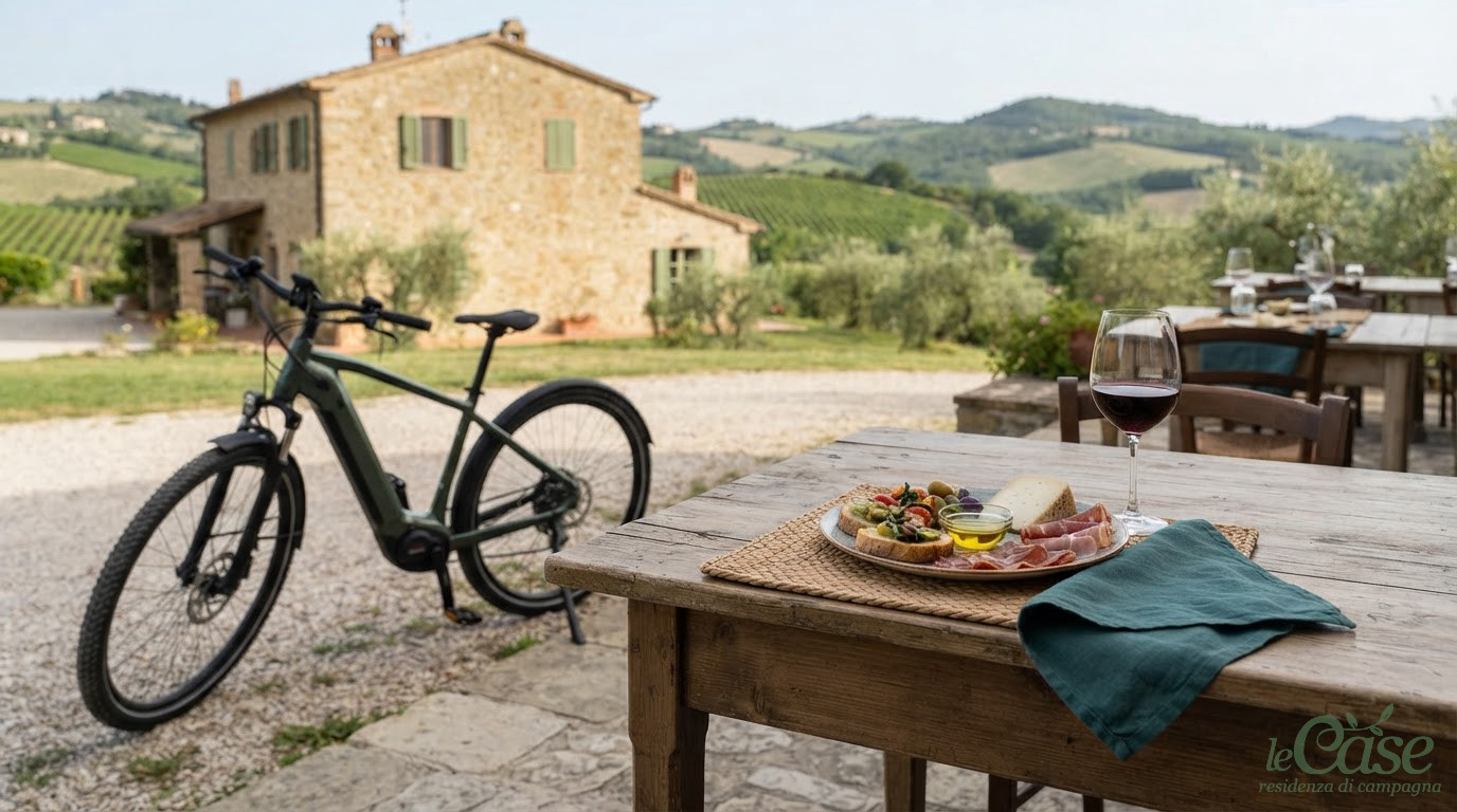 E-bike parcheggiata accanto a un tavolo imbandito con prodotti tipici umbri.