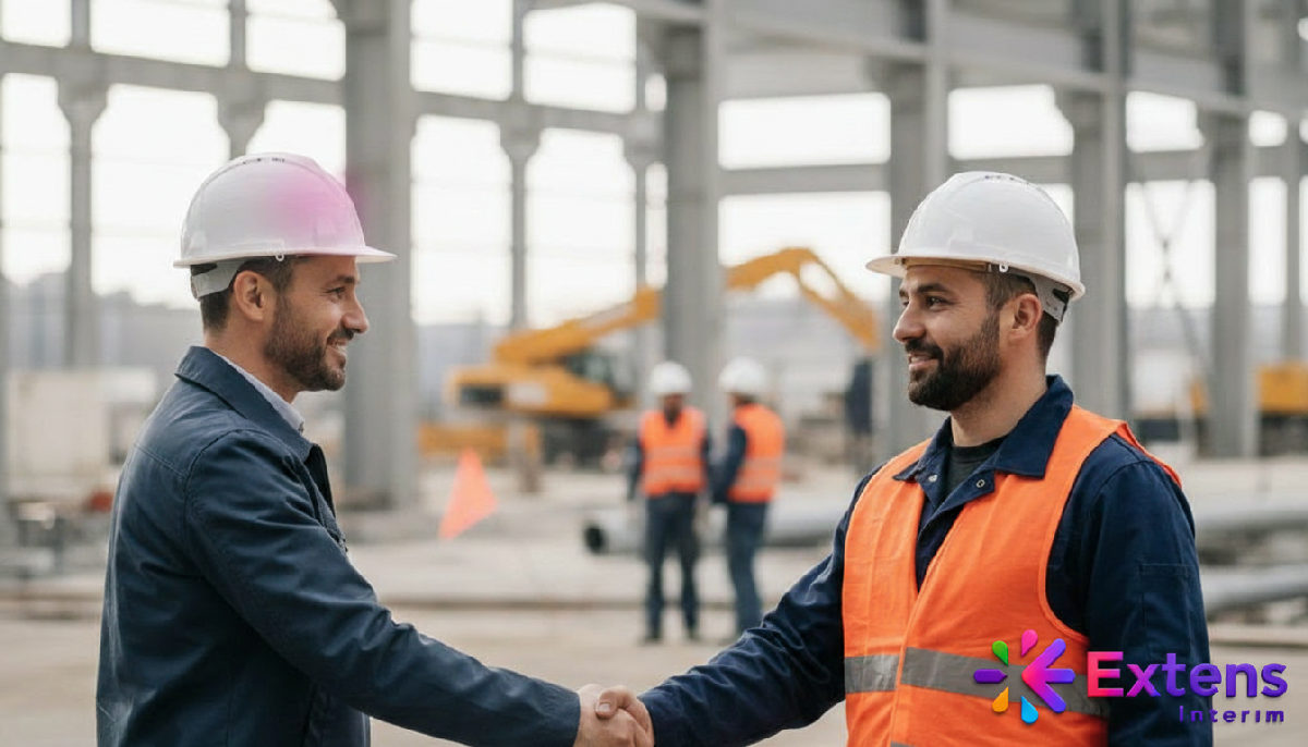 Responsable français accueillant un ouvrier roumain sur site industriel.
