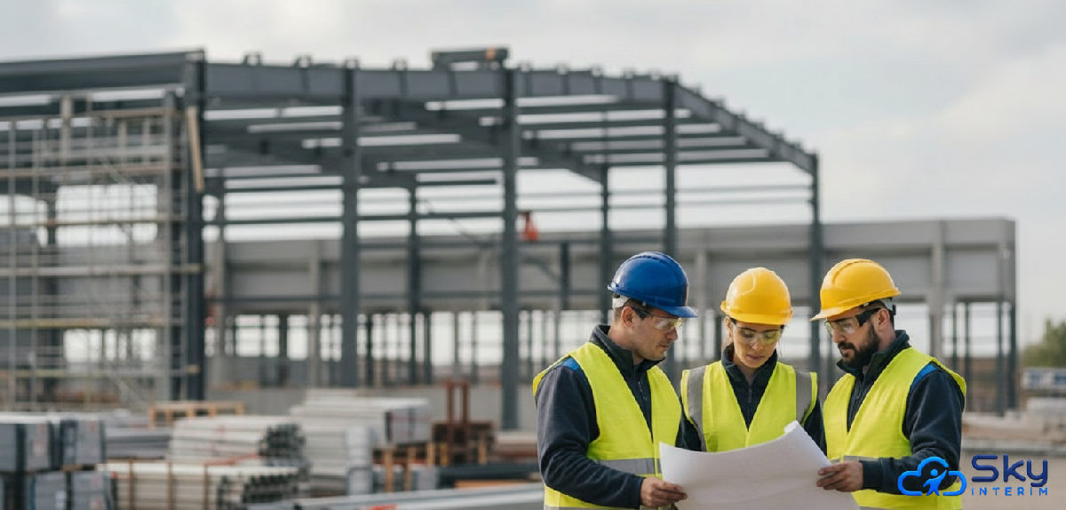 Ouvriers roumains qualifiés sur un chantier de logistique.