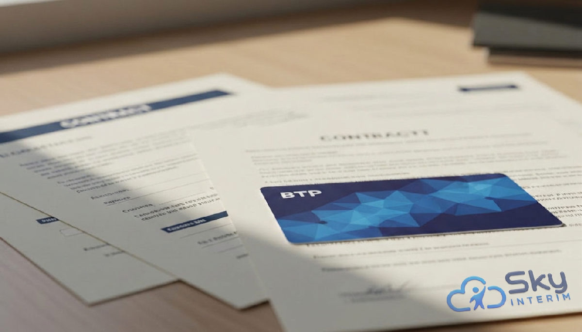 Documents légaux et carte BTP, symboles de conformité et sécurité.