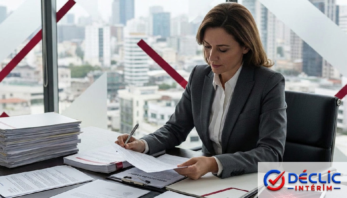 Manager vérifiant des documents légaux de recrutement européens.